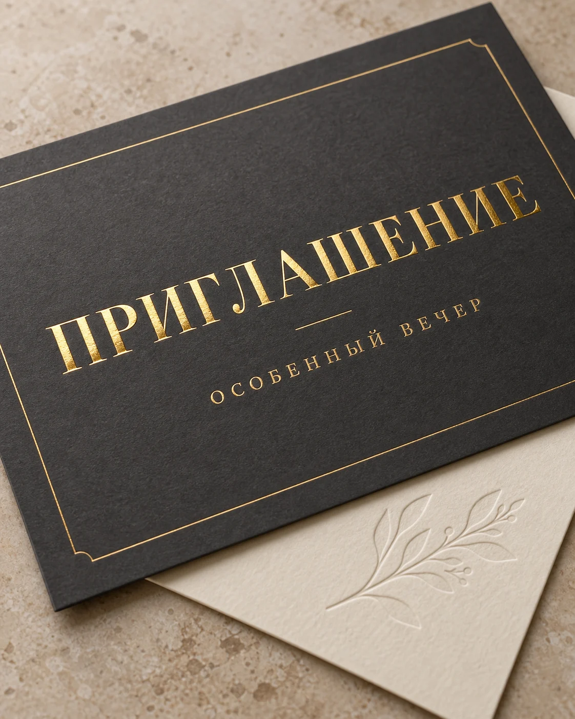 ПЕЧАТЬ32: Тиснение и фольгирование — образец смежной услуги, кадр 4; Золотая надпись на тёмном приглашении и рельефный узор на, получение в Липецке, страница «Приглашения»