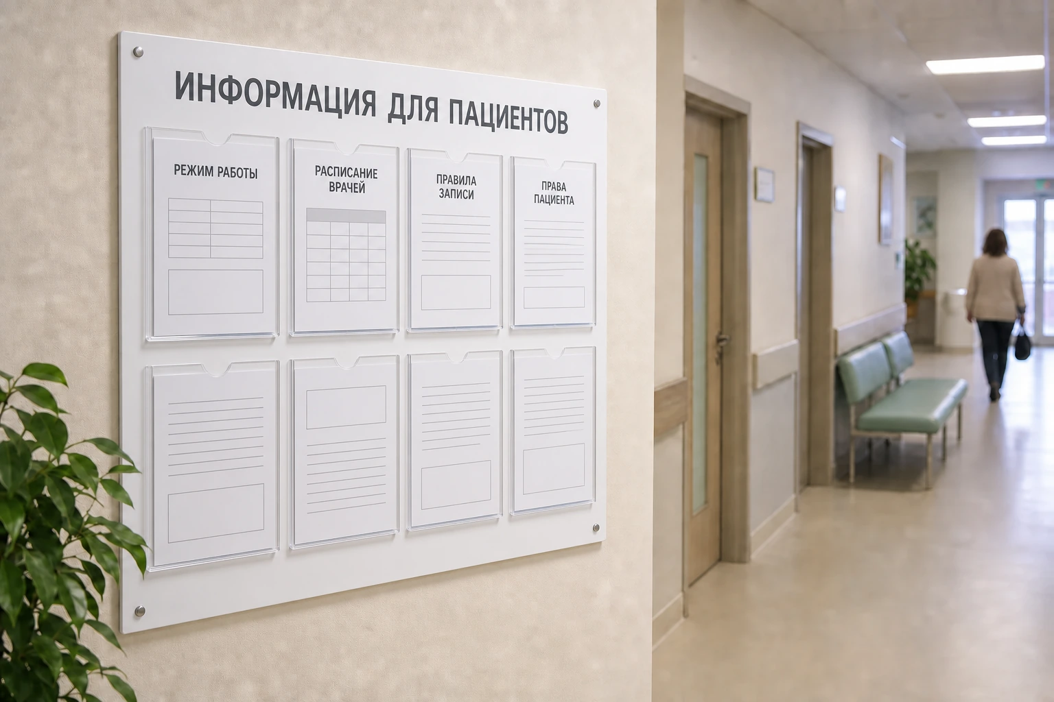 Стенд «Информация для пациентов» с расписанием и памятками в коридоре клиники; для заказа в Липецке