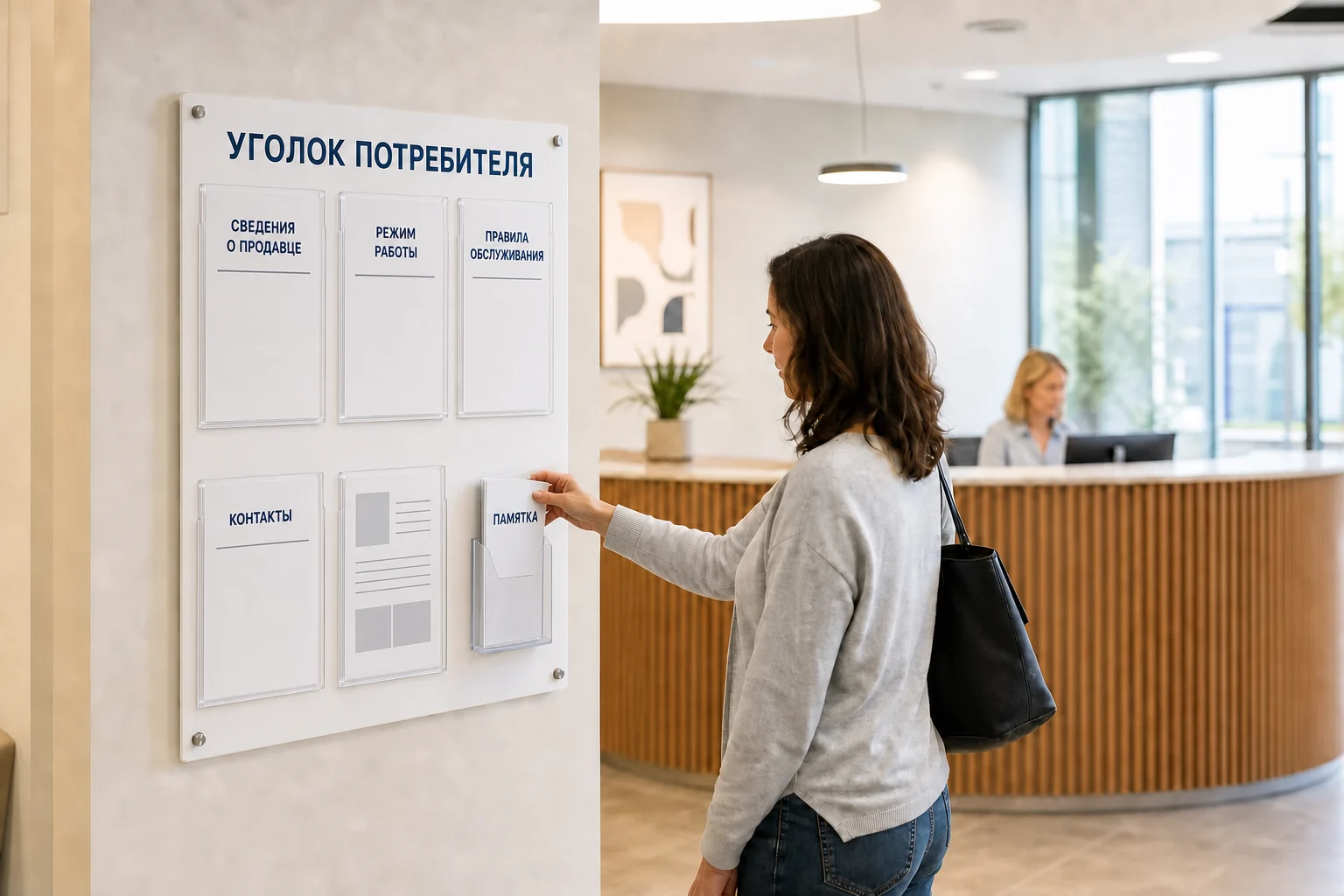 Информационные стенды — образец смежной услуги, кадр 1; Покупатель берёт памятку из стенда «Уголок потребителя», ПЕЧАТЬ32, заказ с получением в Липецке, «Таблички»