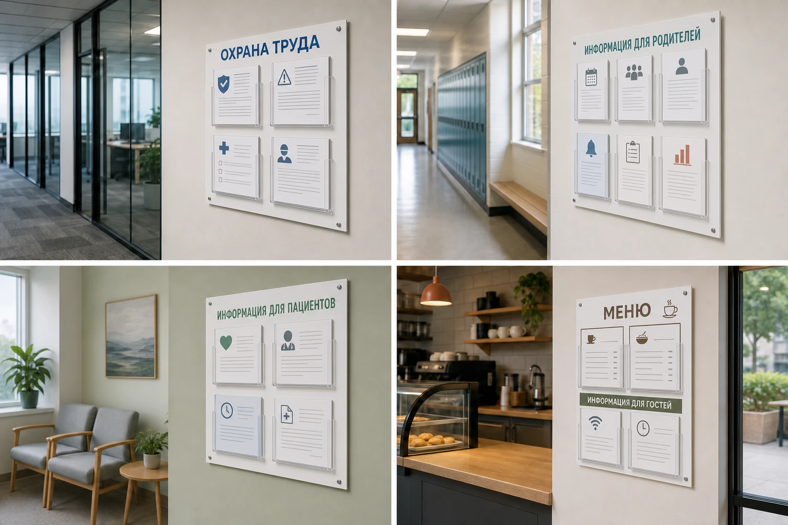 Стенды «Охрана труда», «Информация для родителей», «Информация для пациентов» и «Меню»; для заказа в Липецке
