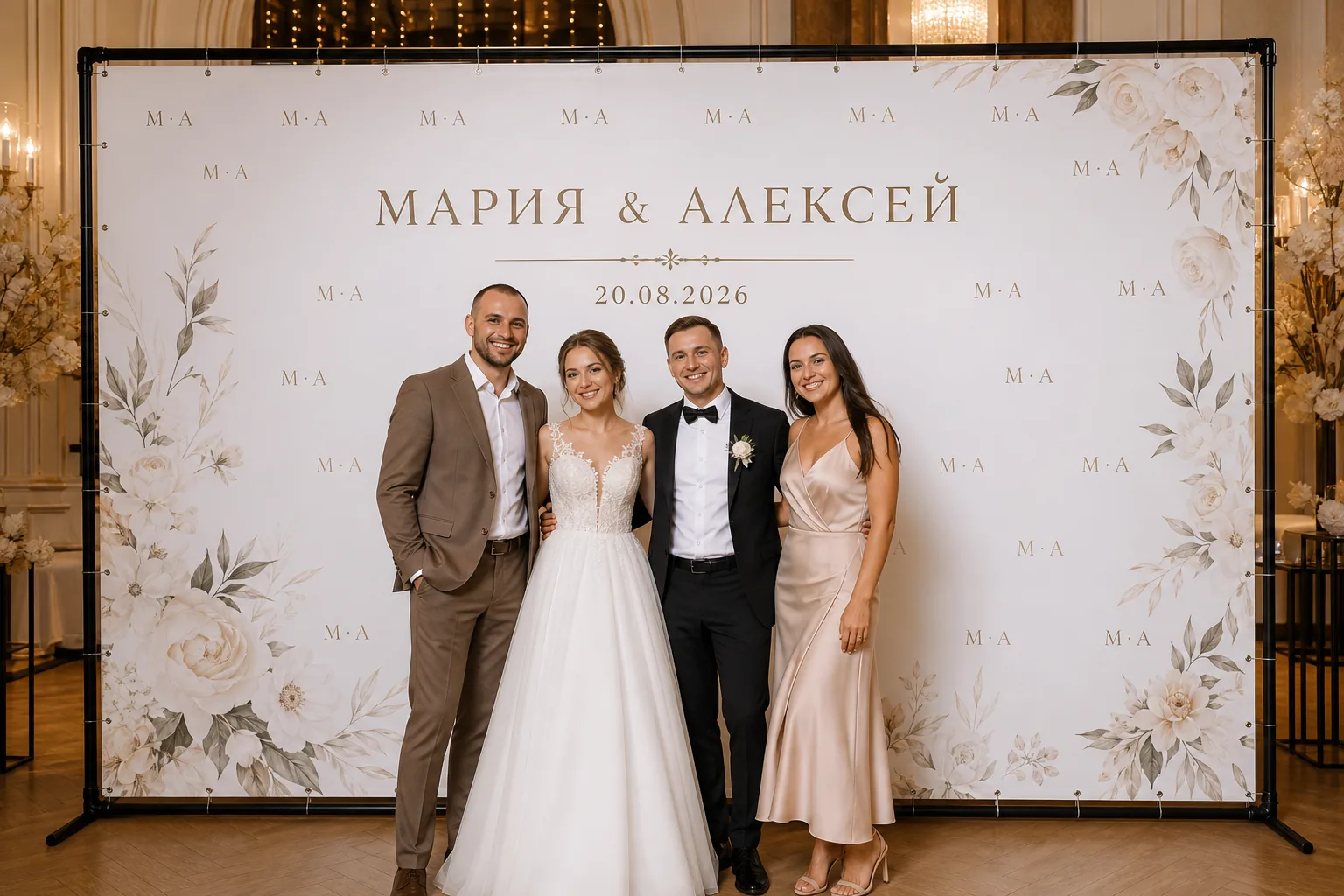 Гости у прямоугольного свадебного Press Wall; для заказа в Липецке