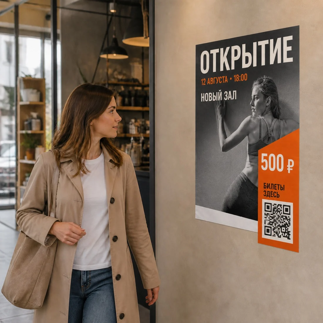Прохожая замечает бумажный плакат с событием, датой, ценой и QR-кодом; для заказа в Липецке