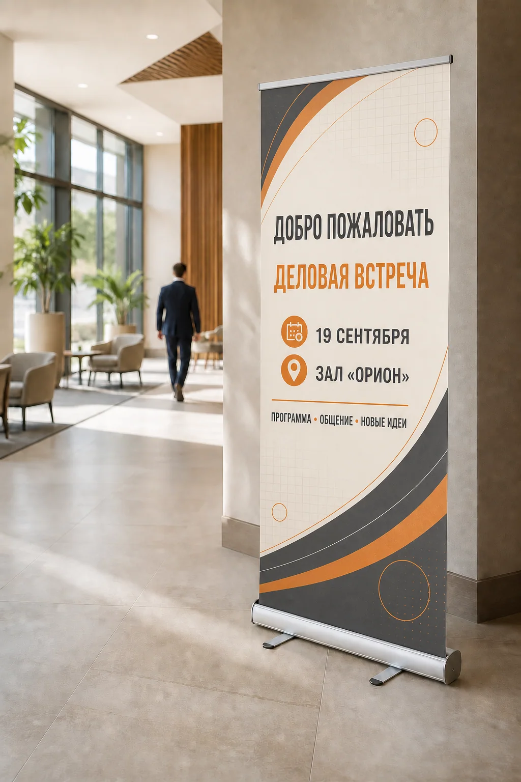 Заказать roll-up стенды: Roll-up с насыщенным русским макетом в лобби делового центра; образец смежной услуги, кадр 1, получение в Липецке, «Штендеры»