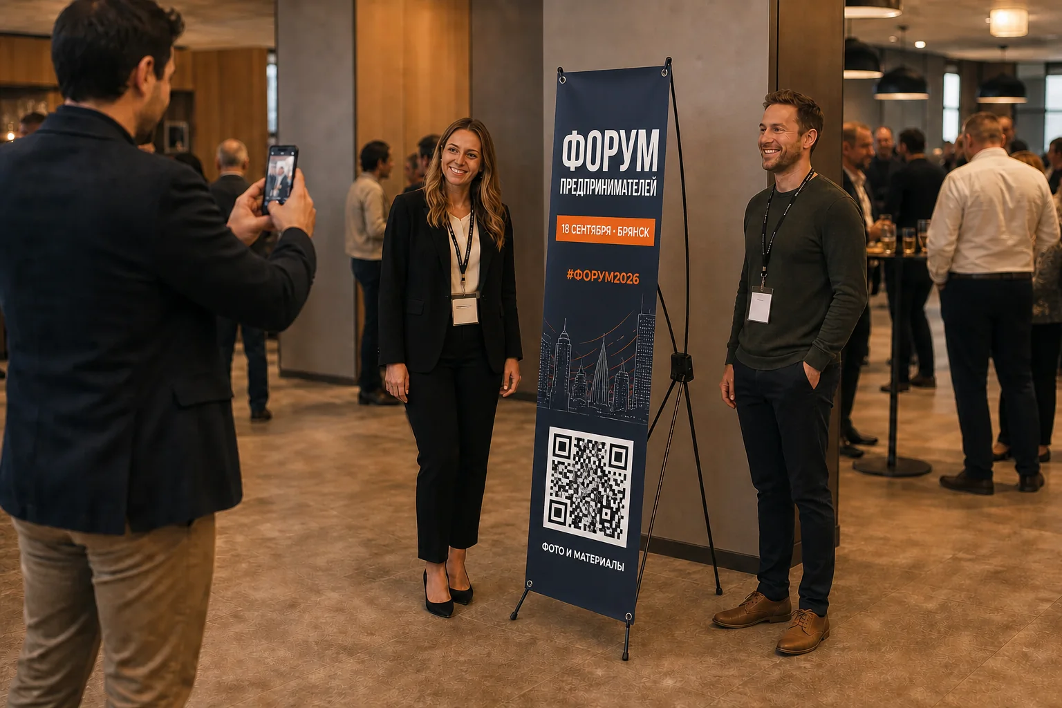Участники фотографируются рядом со стендом паук с названием, датой и QR-кодом форума; для заказа в Липецке