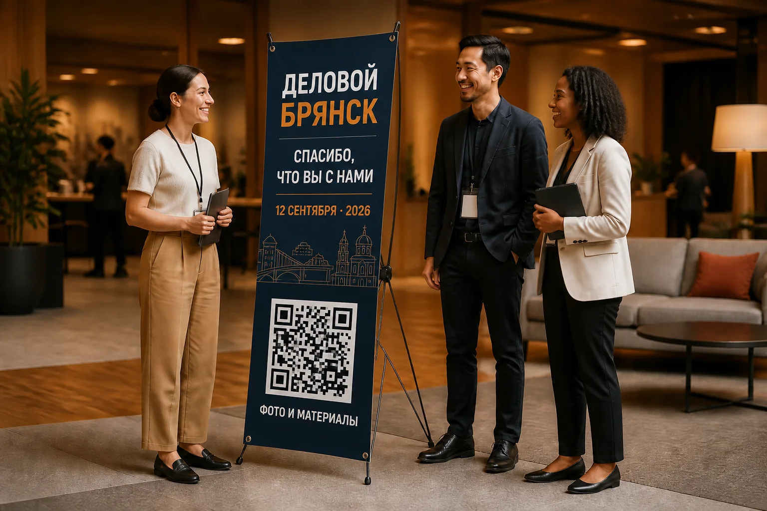 Гости делового мероприятия рядом со стендом паук с датой и QR-кодом для программы и материалов; для заказа в Липецке