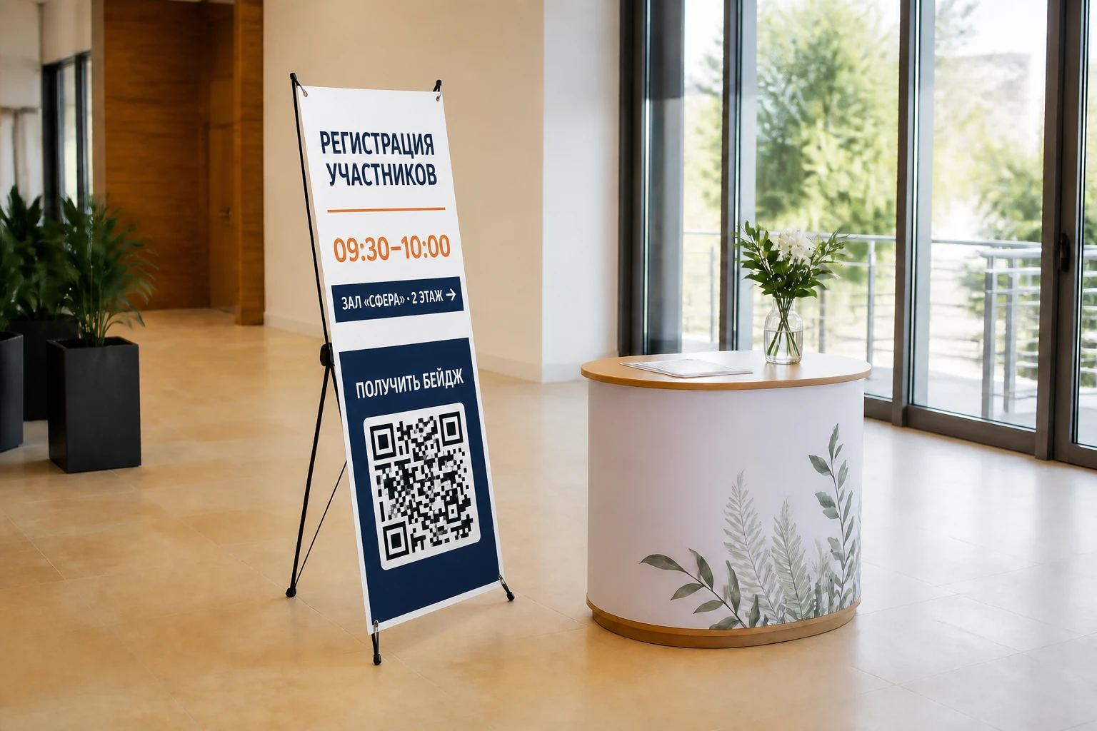 Фирменный стенд паук с программой и QR-кодом в зоне встречи участников; для заказа в Липецке