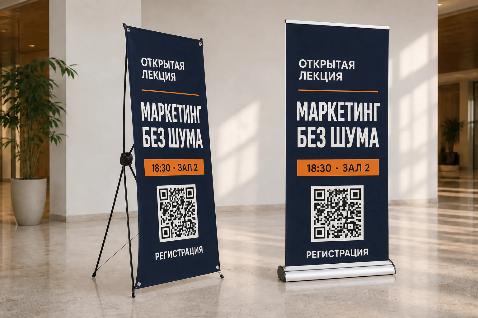 Стенд паук и Roll-up с одинаковым макетом делового мероприятия; для заказа в Липецке
