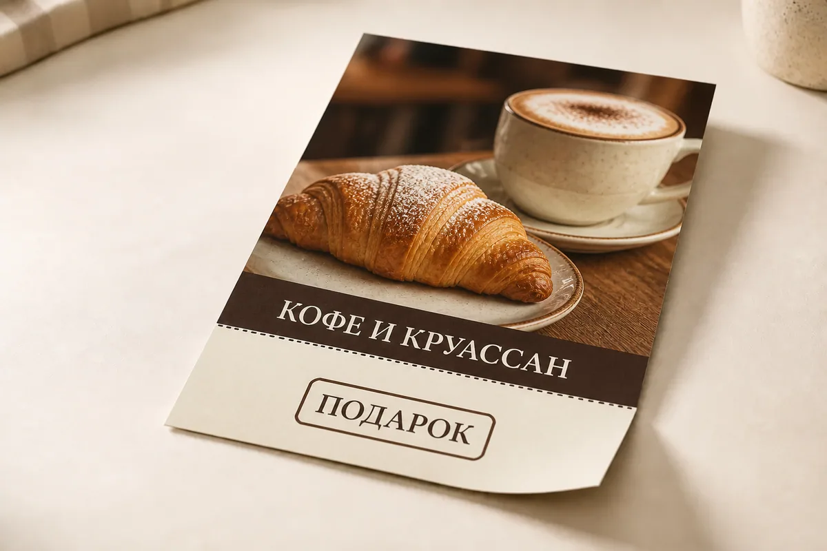 Листовка кафе формата A5 с профессиональной перфорацией и отрывным купоном; для заказа в Липецке