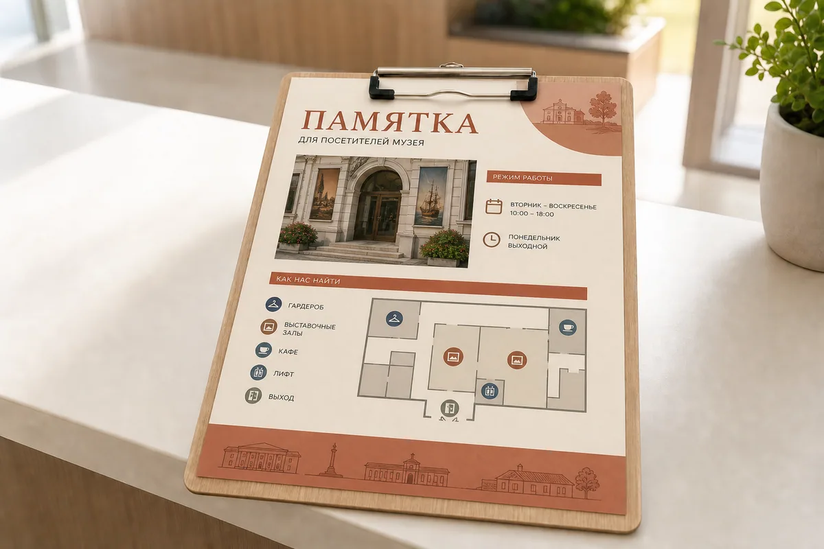 Памятка для посетителей музея формата A4 со схемой и режимом работы; для заказа в Липецке