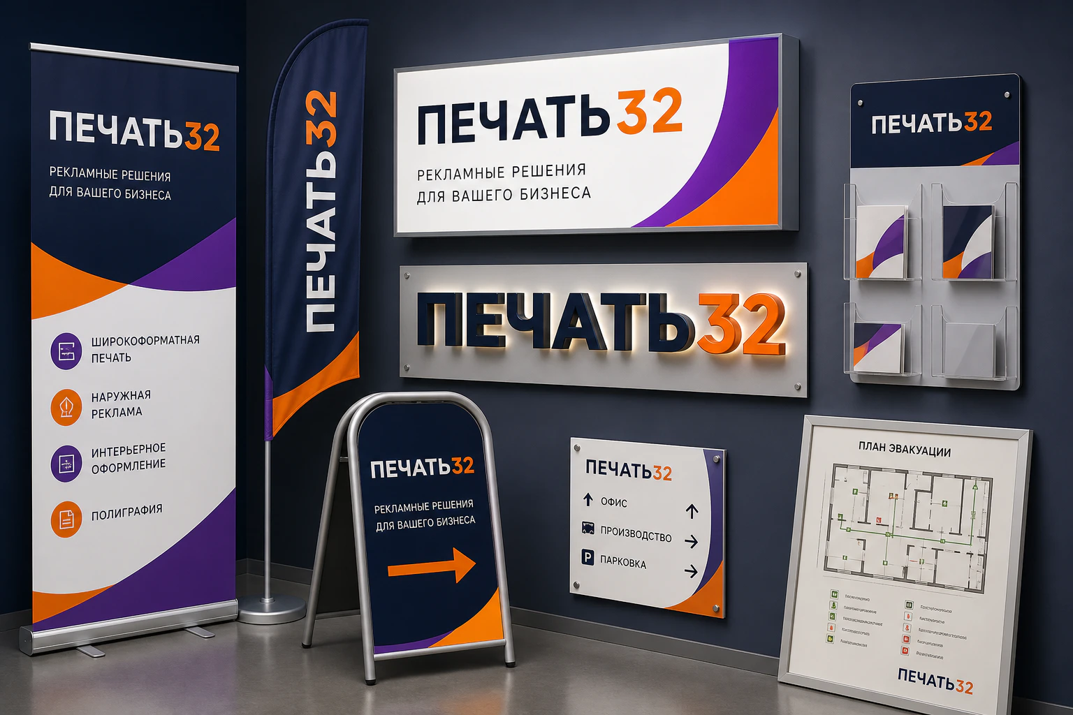 ПЕЧАТЬ32: Планы эвакуации — образец смежной услуги, кадр 2; Печатный план эвакуации со схемой помещений и обозначениями, получение в Липецке, страница «Таблички»