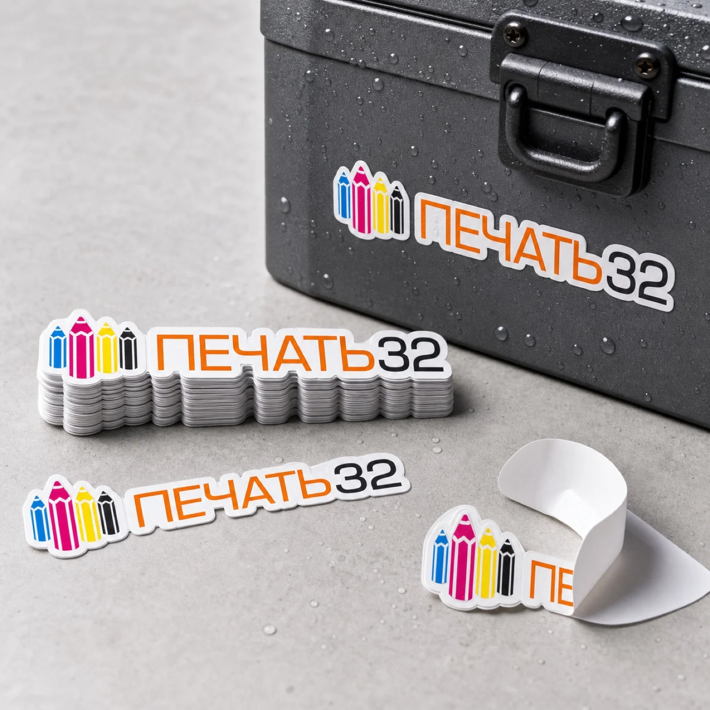 ПЕЧАТЬ32: Виниловые наклейки — фотография в каталоге услуг, кадр 3; Виниловые фигурные наклейки на белой плёнке ПЕЧАТЬ32, получение в Липецке, страница «Наклейки и этикетки»