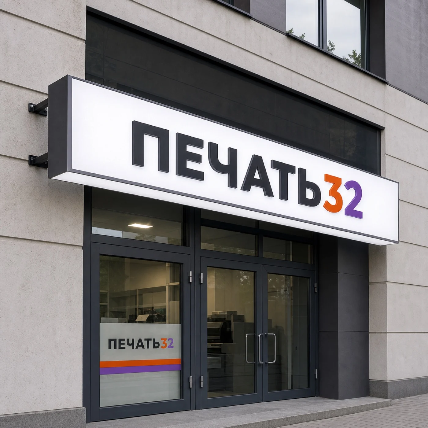 ПЕЧАТЬ32 — Вывески; Фирменная плоская фасадная вывеска без подсветки, главный образец продукции, получение в Липецке, «Изготовление несветовых вывесок»